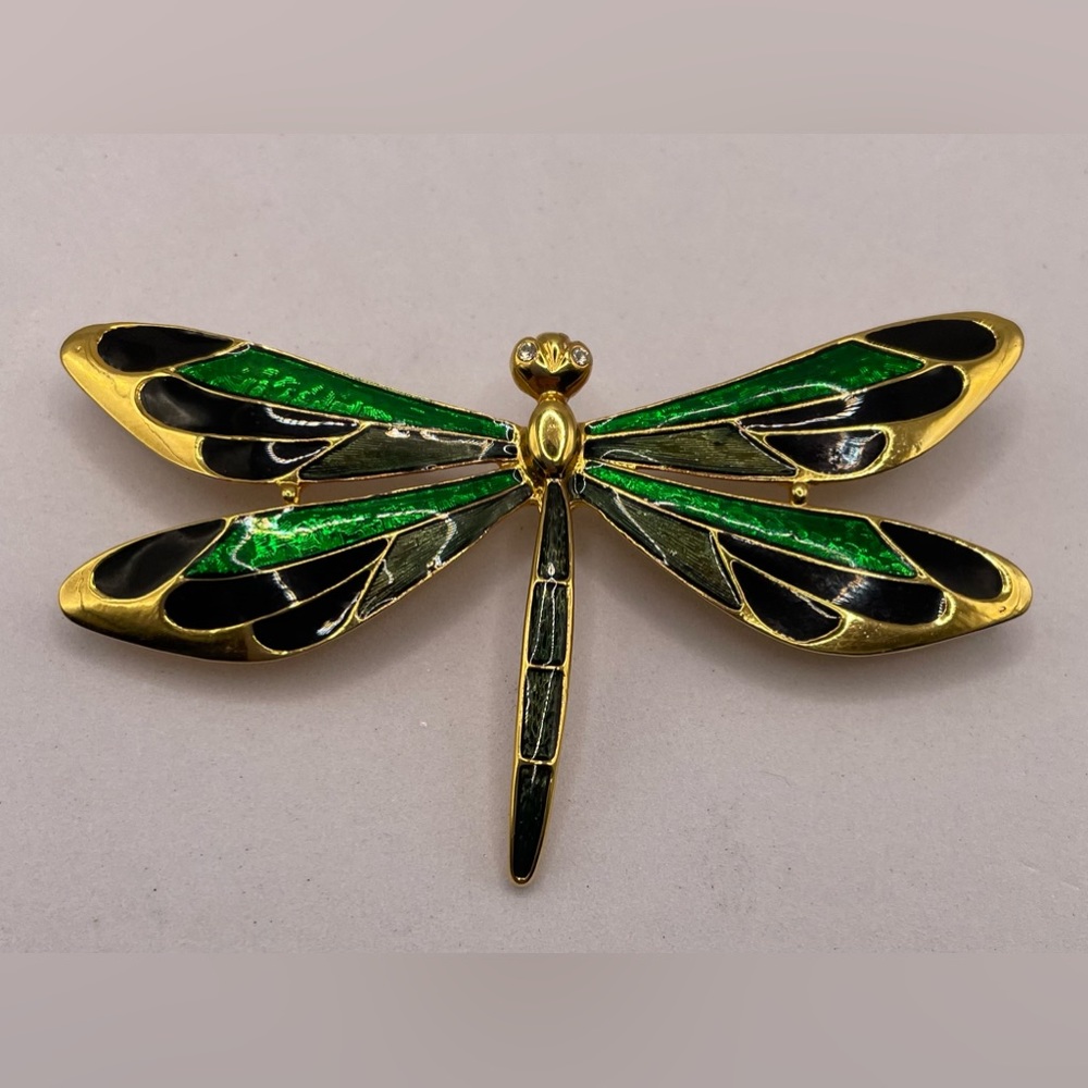 Vintage Gold Plated Enamel Imperial Dragonfly Brooch Pin Crystal Eyes